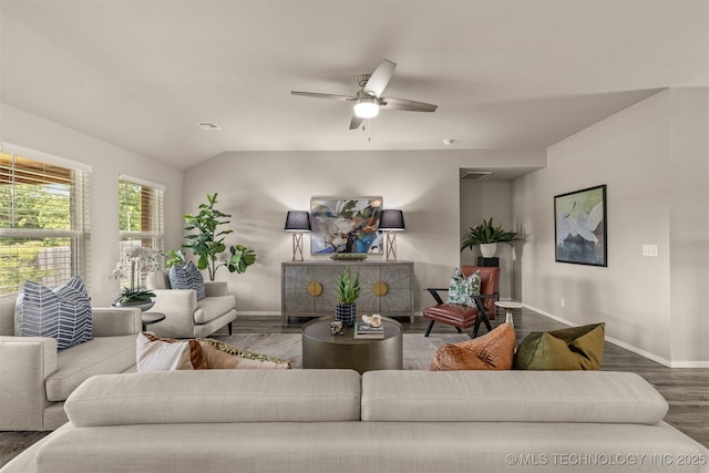 7420 E 160th Pl S, Bixby, OK 74008 - living area featuring wood finished floors, ceiling fan, and lofted ceiling
