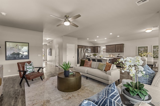 7420 E 160th Pl S, Bixby, OK 74008 - living room featuring wood finished floors, recessed lighting, a ceiling fan, and vaulted ceiling