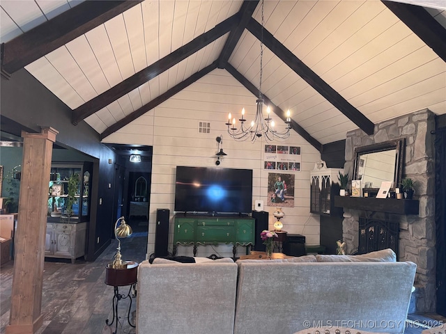 9858 N 38th Ave W, Sperry, OK 74073 - living area with a chandelier, wood finished floors, wooden ceiling, wood walls, and decorative columns
