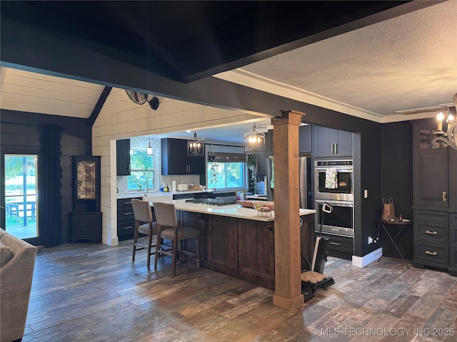 9858 N 38th Ave W, Sperry, OK 74073 - kitchen with light countertops, stainless steel appliances, dark wood-type flooring, a chandelier, and vaulted ceiling