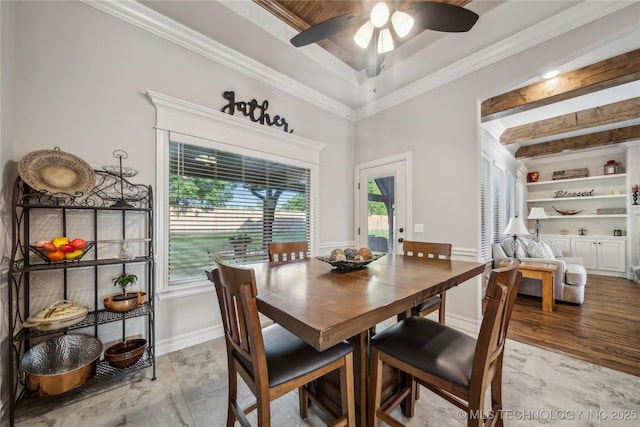 20905 S Windsor Ave, Claremore, OK 74019 - dining space featuring healthy amount of natural light, ceiling fan, ornamental molding, beamed ceiling, and light marble finish flooring