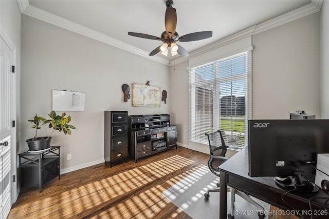 20905 S Windsor Ave, Claremore, OK 74019 - office space with ornamental molding, wood finished floors, a ceiling fan, and plenty of natural light