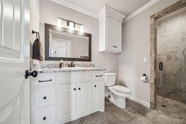 20905 S Windsor Ave, Claremore, OK 74019 - full bathroom featuring ornamental molding, vanity, and a stall shower