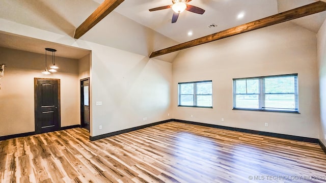 5068 E 188th St S, Warner, OK 74469 - unfurnished room with beamed ceiling, light wood-style floors, a ceiling fan, high vaulted ceiling, and recessed lighting