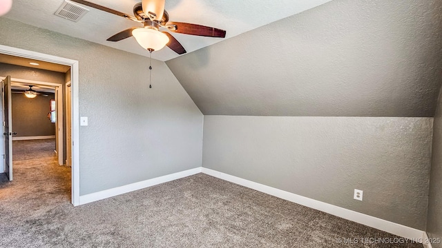 5068 E 188th St S, Warner, OK 74469 - bonus room with ceiling fan, lofted ceiling, a textured wall, and carpet floors