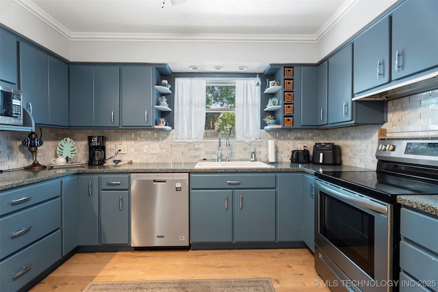 1934 Birnamwood, Miami, OK 74354 - kitchen featuring stainless steel appliances, open shelves, blue cabinets, ornamental molding, and light wood finished floors