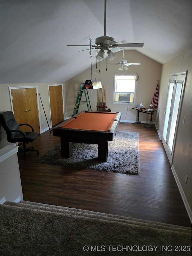 617 N 11th St, Pawnee, OK 74058 - game room with ceiling fan, wood finished floors, vaulted ceiling, billiards table, and cooling unit
