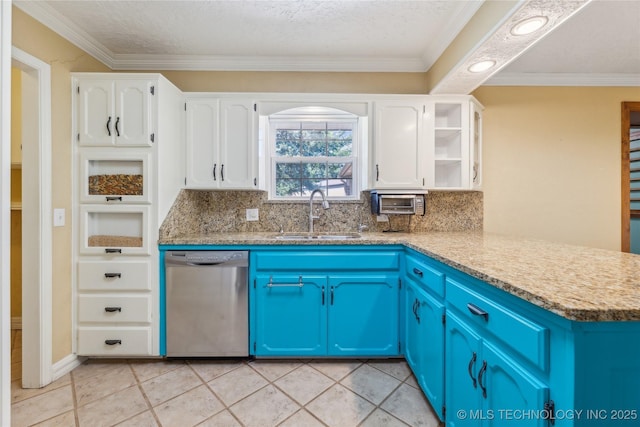 3609 E Scenic Dr, Cushing, OK 74023 - kitchen with dishwasher, open shelves, decorative backsplash, white cabinets, and crown molding