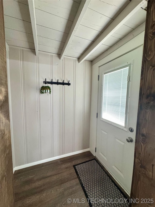 911 E Maple St, Cushing, OK 74023 - mudroom featuring wood finished floors and a wood ceiling with exposed beams