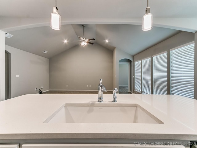 3604 E Quebec St, Broken Arrow, OK 74014 - kitchen with open floor plan, a ceiling fan, hanging light fixtures, and lofted ceiling