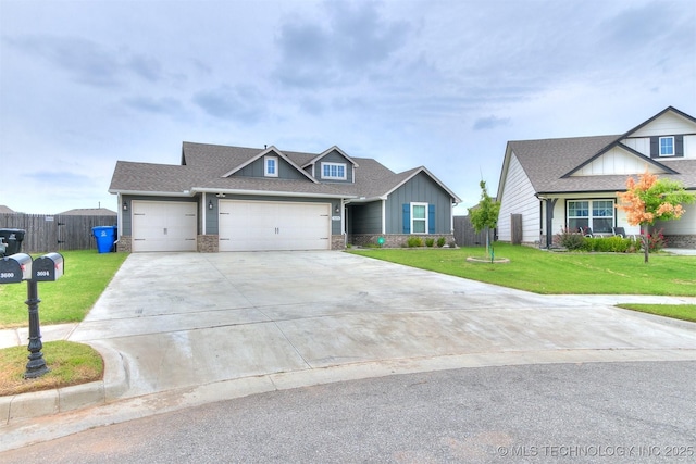 3604 E Quebec St, Broken Arrow, OK 74014 - view of front facade with concrete driveway, an attached garage, board and batten siding, stone siding, and roof with shingles