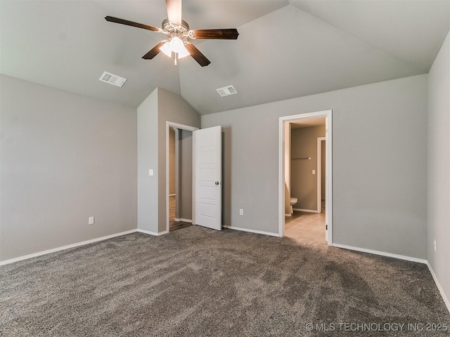 3604 E Quebec St, Broken Arrow, OK 74014 - unfurnished bedroom featuring lofted ceiling, carpet, connected bathroom, and ceiling fan