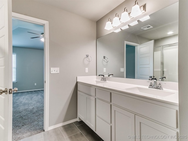 3604 E Quebec St, Broken Arrow, OK 74014 - full bath with double vanity, tile patterned floors, ceiling fan, and a shower with shower door