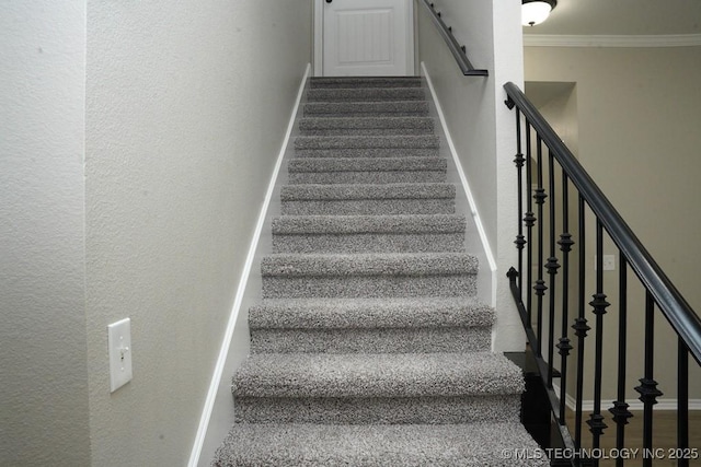 11906 S Nandina St, Jenks, OK 74037 - staircase with a textured wall and crown molding