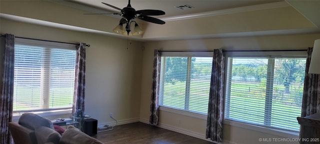 1704 Estates Dr, Grove, OK 74344 - sitting room featuring ceiling fan, dark wood-type flooring, and crown molding