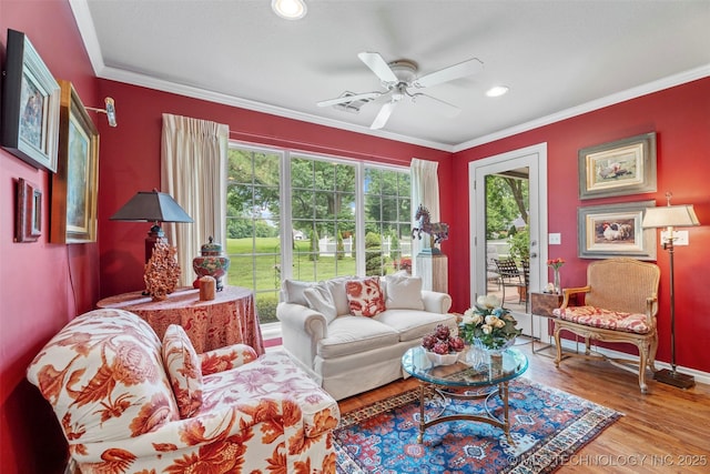 5070 Lake Breeze Rd, Grove, OK 74344 - living area featuring ornamental molding, wood finished floors, a ceiling fan, and recessed lighting