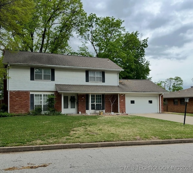 5908 S 68th E Ave, Tulsa, OK 74145 - traditional-style house featuring an attached garage, concrete driveway, a front yard, a porch, and brick siding
