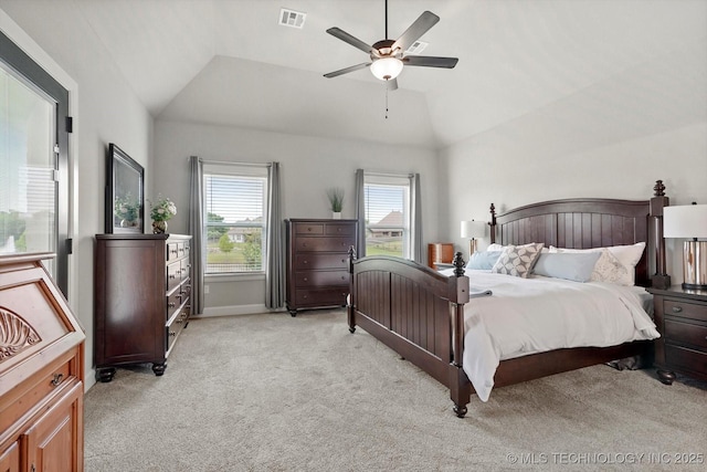 14305 S College Ave, Bixby, OK 74008 - bedroom with light colored carpet, lofted ceiling, and a ceiling fan
