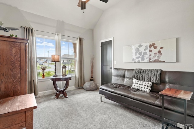 14305 S College Ave, Bixby, OK 74008 - carpeted living room featuring vaulted ceiling and a ceiling fan