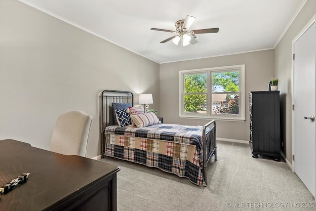 5861 S Hudson Pl, Tulsa, OK 74135 - bedroom with light colored carpet, ornamental molding, and ceiling fan