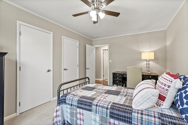 5861 S Hudson Pl, Tulsa, OK 74135 - bedroom featuring carpet flooring, crown molding, and ceiling fan