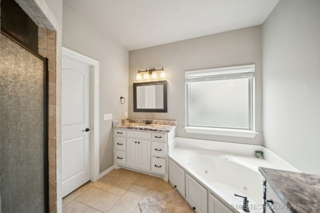 11802 S New Haven Ave, Tulsa, OK 74137 - bathroom featuring vanity, a whirlpool tub, tile patterned floors, and a stall shower