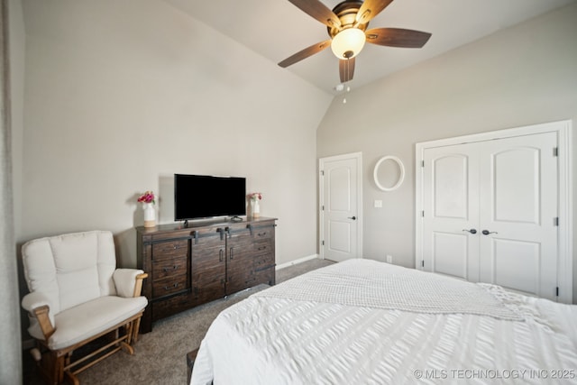 11802 S New Haven Ave, Tulsa, OK 74137 - carpeted bedroom with lofted ceiling, a closet, and a ceiling fan