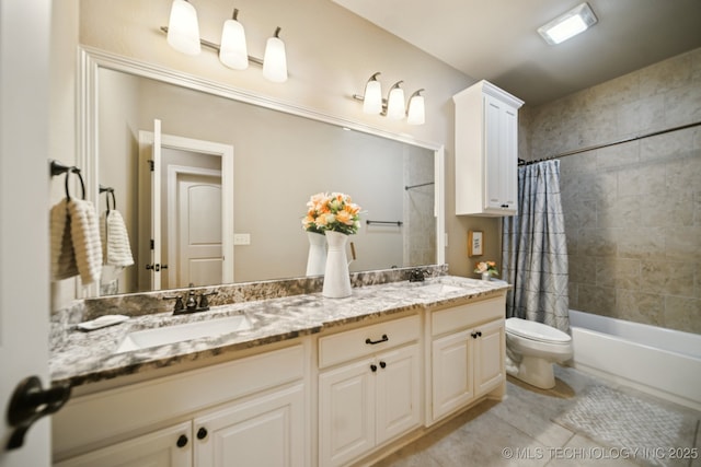 11802 S New Haven Ave, Tulsa, OK 74137 - bathroom with double vanity, shower / bathtub combination with curtain, and tile patterned floors