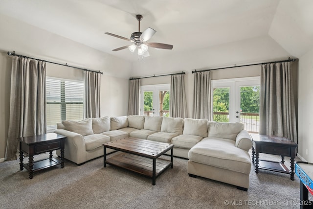 11802 S New Haven Ave, Tulsa, OK 74137 - carpeted living area with ceiling fan, french doors, and vaulted ceiling