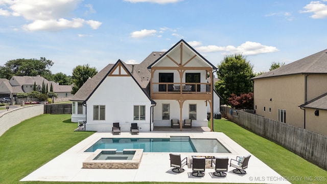 11802 S New Haven Ave, Tulsa, OK 74137 - back of house with a balcony, an outdoor living space with a fire pit, stucco siding, a patio, and a fenced backyard
