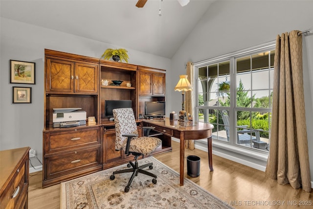 3331 Bunker St, Claremore, OK 74019 - home office featuring a ceiling fan, light wood-style floors, and high vaulted ceiling
