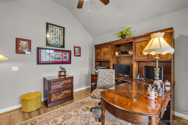 3331 Bunker St, Claremore, OK 74019 - home office with a ceiling fan, lofted ceiling, and wood finished floors