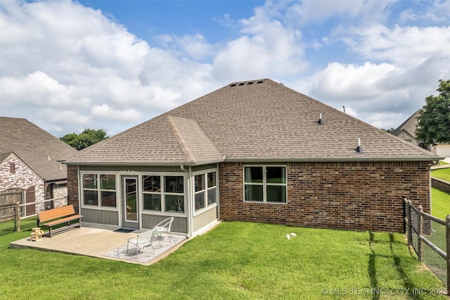 3331 Bunker St, Claremore, OK 74019 - back of house with a fenced backyard, a patio area, a shingled roof, and brick siding