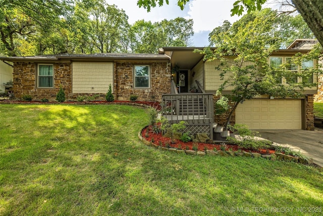 4350 E 74th Pl, Tulsa, OK 74136 - view of front of property with stone siding, an attached garage, concrete driveway, and a front lawn