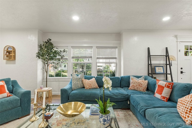 1640 E 41st St, Tulsa, OK 74105 - living room featuring a textured ceiling, wood finished floors, healthy amount of natural light, and a textured wall