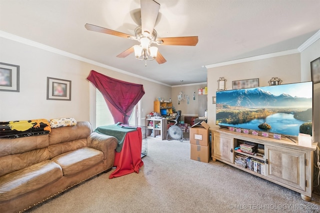 12131 E 32nd Pl, Tulsa, OK 74146 - living room with carpet flooring, ornamental molding, and a ceiling fan