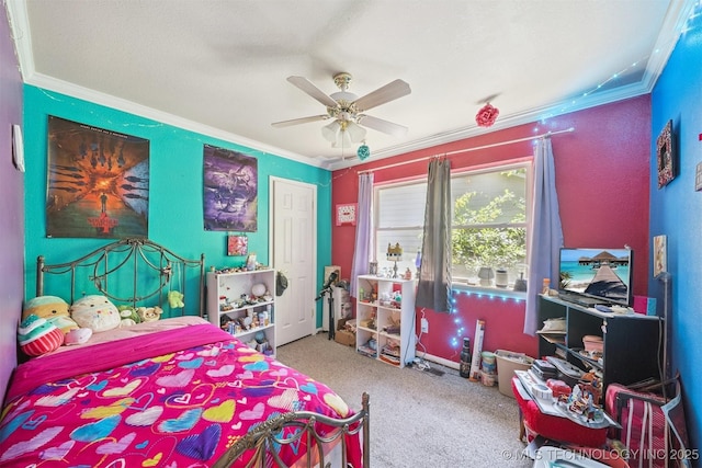 12131 E 32nd Pl, Tulsa, OK 74146 - carpeted bedroom featuring crown molding and a ceiling fan