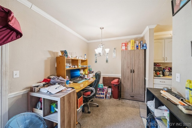 12131 E 32nd Pl, Tulsa, OK 74146 - office featuring light colored carpet, a chandelier, and ornamental molding