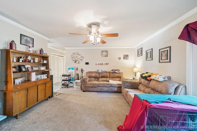 12131 E 32nd Pl, Tulsa, OK 74146 - carpeted living area featuring ornamental molding and a ceiling fan