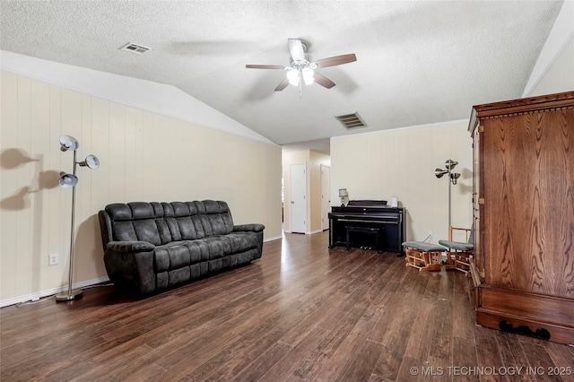 1508 Melissa Cir, Sapulpa, OK 74066 - living room with vaulted ceiling, ceiling fan, wood finished floors, and a textured ceiling