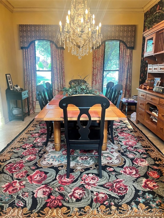 910 Summit Rdg, Mcalester, OK 74501 - dining room with a chandelier, crown molding, and tile patterned flooring