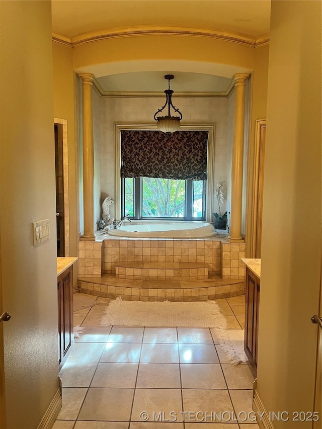 910 Summit Rdg, Mcalester, OK 74501 - bathroom featuring ornamental molding, vanity, a bath, tile patterned flooring, and decorative columns