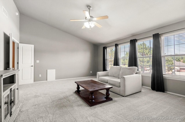 7185 N 194th E Ave, Owasso, OK 74055 - living room with carpet flooring, ceiling fan, and high vaulted ceiling