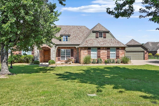 7185 N 194th E Ave, Owasso, OK 74055 - view of front of property with brick siding, driveway, a front yard, a garage, and roof with shingles