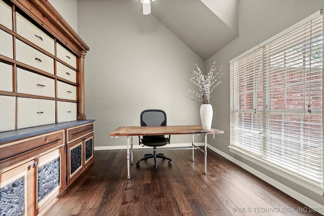 7185 N 194th E Ave, Owasso, OK 74055 - office area featuring dark wood-style flooring, lofted ceiling, and a ceiling fan
