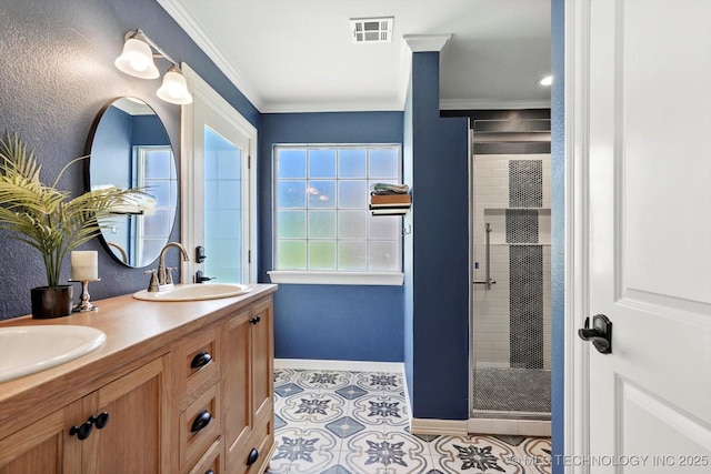 7185 N 194th E Ave, Owasso, OK 74055 - full bath featuring a shower stall, double vanity, and ornamental molding