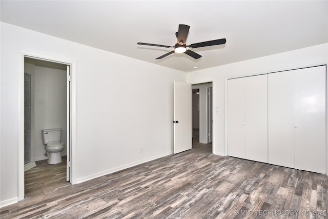 5701 S Rockford Pl, Tulsa, OK 74105 - unfurnished bedroom with wood finished floors, a closet, ensuite bath, and ceiling fan