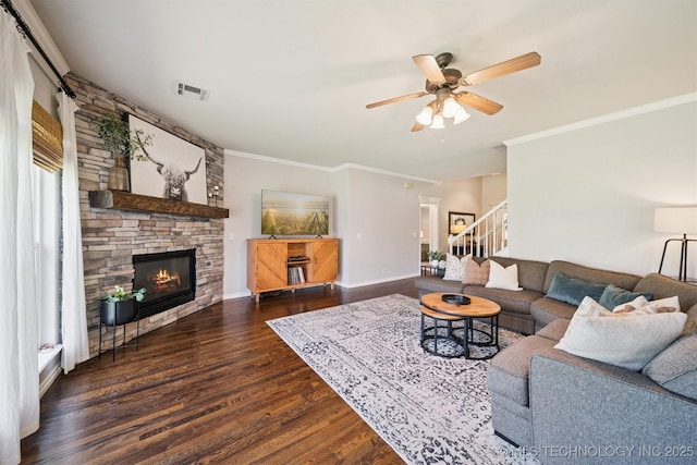 14003 E 87th Pl N, Owasso, OK 74055 - living area featuring wood finished floors, ornamental molding, a fireplace, stairway, and a ceiling fan