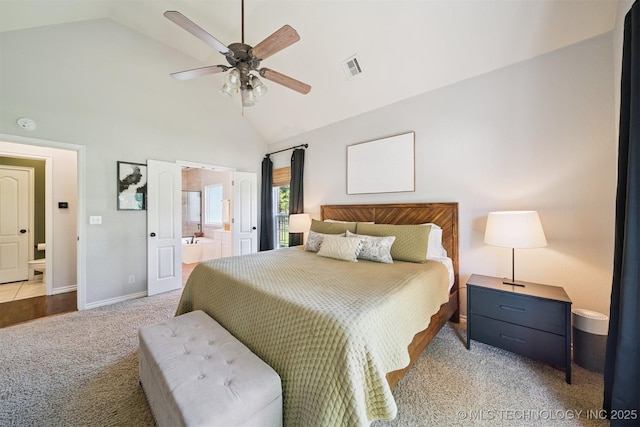 14003 E 87th Pl N, Owasso, OK 74055 - bedroom with carpet flooring, high vaulted ceiling, connected bathroom, and ceiling fan