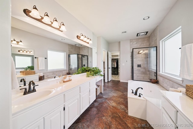 14003 E 87th Pl N, Owasso, OK 74055 - full bath with a stall shower, vanity, a tub with jets, and stone finish floors